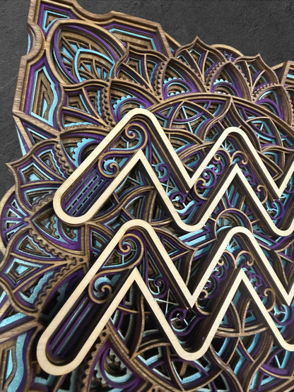 Aquarius Zodiac Mandala Wood Art